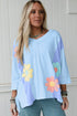 Mixed Daisy Applique Exposed Seam Oversized V Neck Top